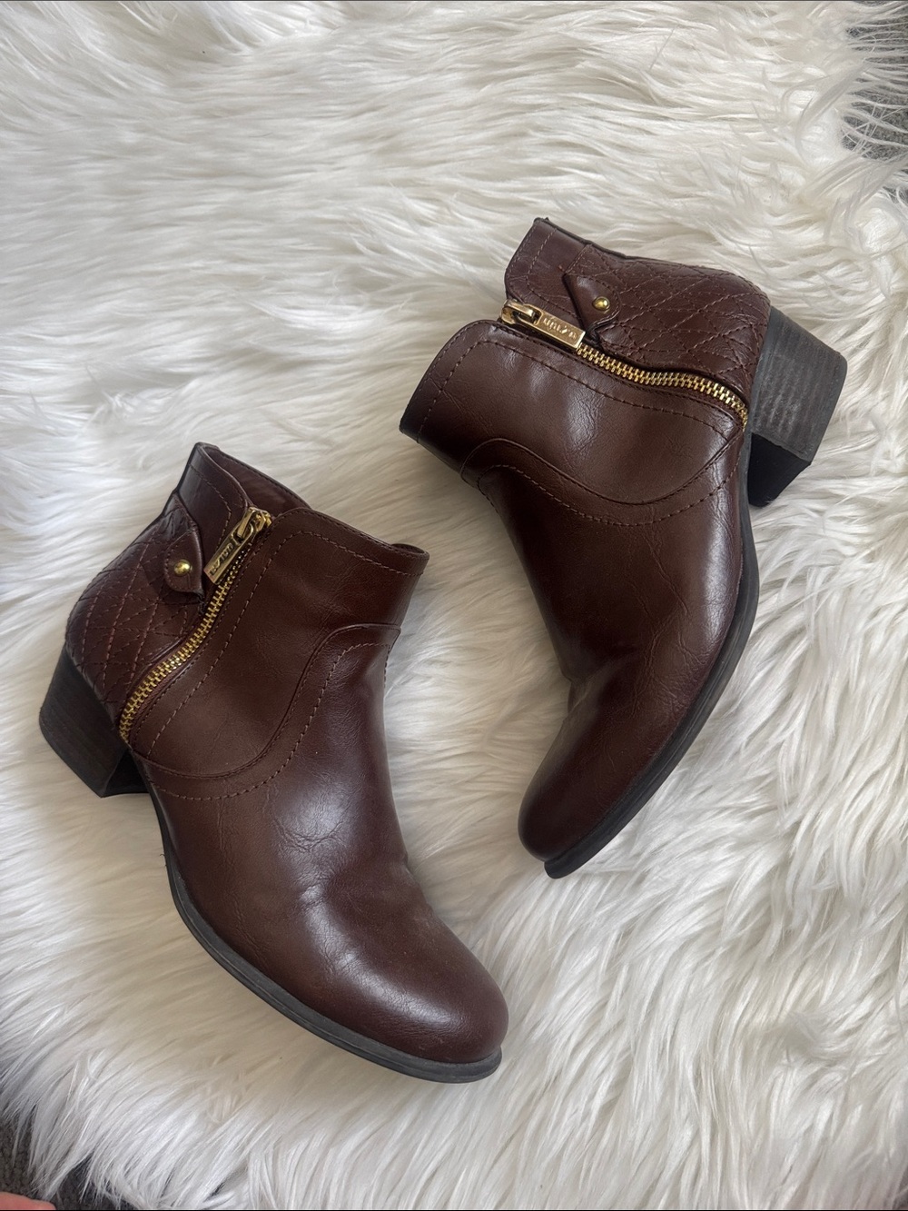 Unisa Dark Brown Leather Ankle Booties with Gold Zip Detail